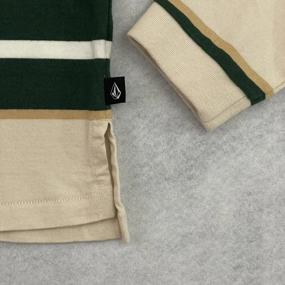Volcom Polo Shirt Girls Size XL 14-16 Long Sleeve Beige Striped Rugby NEW